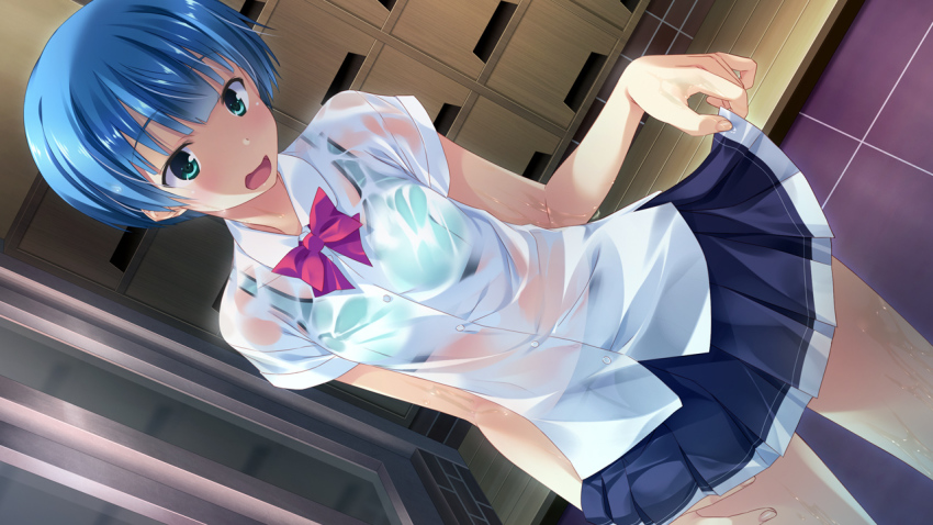 1girl aqua_eyes artist_request blue_hair bra clothes_lift ero_mangaka-san_to_binbou_shimai game_cg nyan_nyan_(company) school_uniform see-through_clothes short_hair skirt skirt_lift sports_bra suzuki_meimi tagme underwear water wet