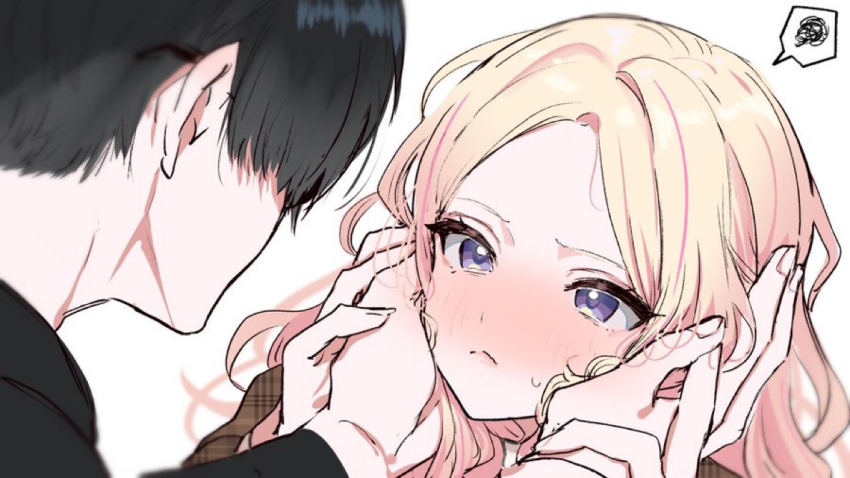 1boy 1girl black_hair blonde_hair blush facing_another forehead gakuen_idolmaster hand_on_hand hands_on_another&#039;s_cheeks hands_on_another&#039;s_face hetero idolmaster juo_sena kasasagi_(futagodori888) long_hair nose_blush producer_(idolmaster) purple_eyes simple_background spoken_squiggle squiggle white_background