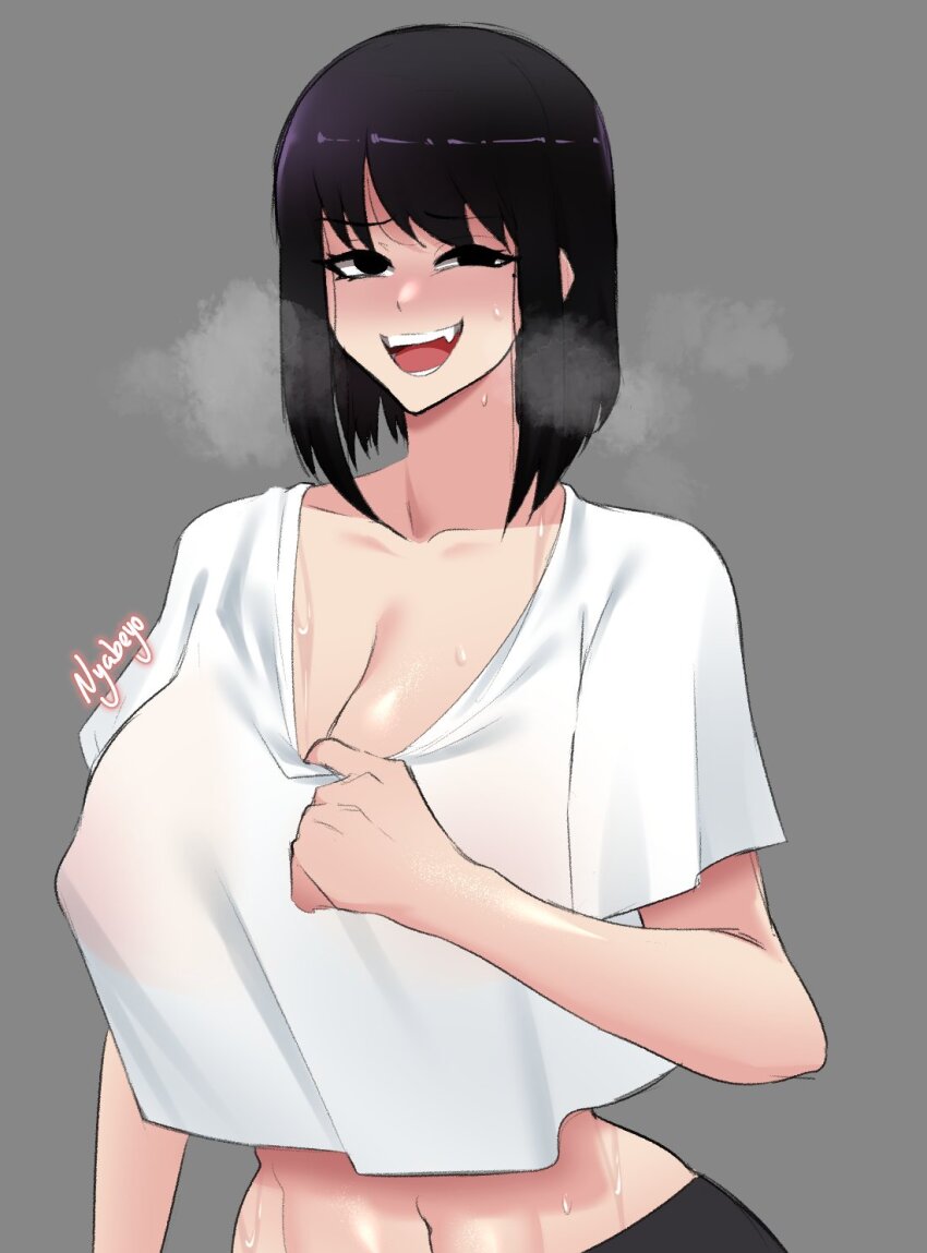 1girl black_eyes black_hair blush breasts cleavage clothes_grab female_focus grey_background highres huge_breasts ijiranaide_nagatoro-san looking_at_viewer medium_hair misaki nagatoro_misaki naughty_face nyabeyo simple_background smile solo sweat