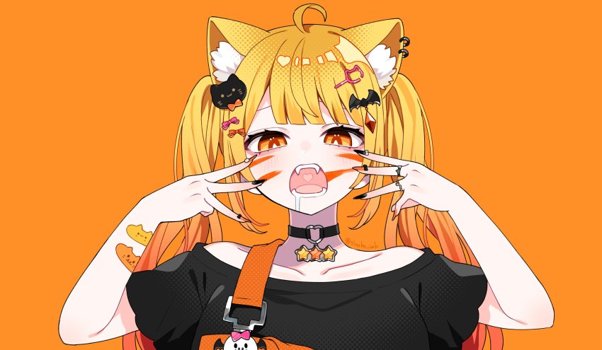 1girl absurdres ahoge animal_(vocaloid) animal_ear_fluff animal_ears bandaid bandaid_on_arm bare_shoulders bat_hair_ornament black_choker black_nails black_shirt blonde_hair blouse blush bow cat_ears cat_hair_ornament choker collarbone commentary_request cone_hair_bun drooling facial_mark fangs hair_bow hair_bun hair_ornament hairclip heart heart_choker highres hololive long_hair looking_at_viewer nail_polish off_shoulder official_art open_mouth orange_background orange_nails saliva shiroko shirt simple_background solo twintails virtual_youtuber vocaloid yellow_eyes yozora_mel