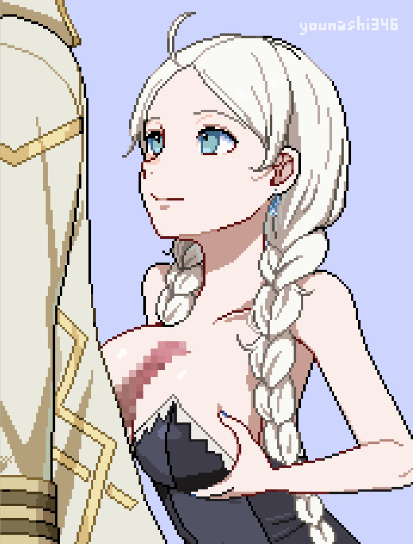 1boy 1girl ahoge animated animated_gif bare_arms bare_shoulders blue_eyes blue_nails braid breasts censored cleavage closed_mouth collarbone commission commissioner_upload couple covered_navel crystal_earrings cum deep_skin earrings ejaculation erection fire_emblem fire_emblem_fates fire_emblem_heroes grabbing_own_breast grin hair_over_shoulder hetero highres hooded_robe jewelry kiran_(fire_emblem) kiran_(male)_(fire_emblem) large_breasts long_hair low_twin_braids low_twintails mosaic_censoring nail_polish nina_(fire_emblem) nina_(thief)_(fire_emblem) nintendo non-web_source official_alternate_costume paizuri parted_bangs penis pixel_art robe skeb_commission smile solo_focus twin_braids twintails very_long_hair white_hair white_robe younashi_346