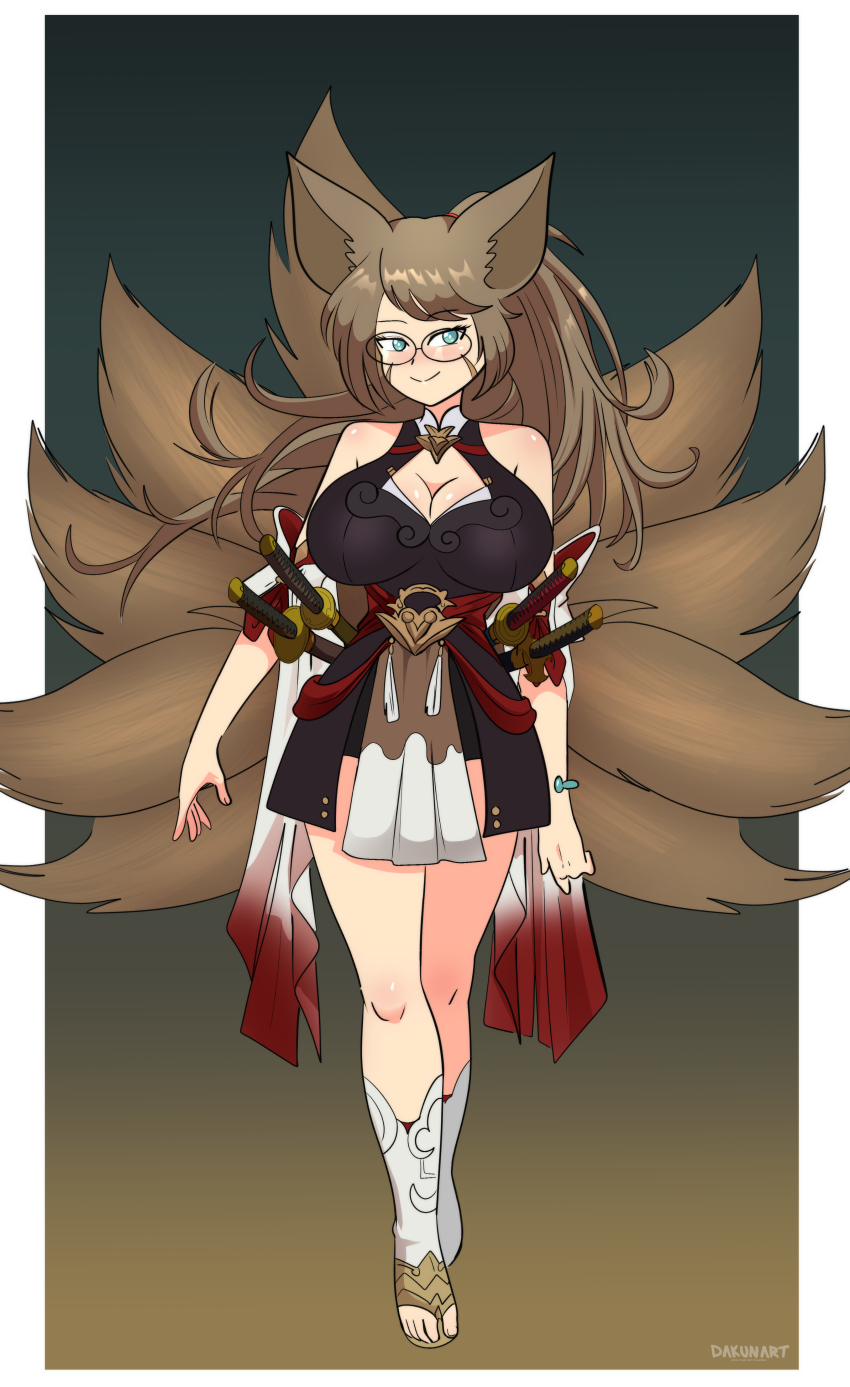 1girl absurdres animal_ears black_background black_dress blue_eyes blush boots bracelet breasts brown_hair cleavage cleavage_cutout clothing_cutout dakunart dress facial_scar fox_ears fox_girl fox_tail glasses gradient_background grey_footwear highres jewelry katana large_breasts long_hair looking_at_viewer multiple_tails ponytail scar scar_on_cheek scar_on_face sheath sheathed sleeveless sleeveless_dress smile standing sword tail toeless_footwear weapon