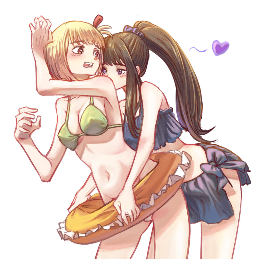 2girls anjuro_zeeku bare_arms bikini black_bikini black_hair blonde_hair blush breasts commentary_request green_bikini heart highres innertube inoue_takina kissing_shoulder long_hair lycoris_recoil medium_breasts multiple_girls navel nishikigi_chisato open_mouth ponytail purple_eyes red_eyes simple_background stomach swim_ring swimsuit white_background yuri