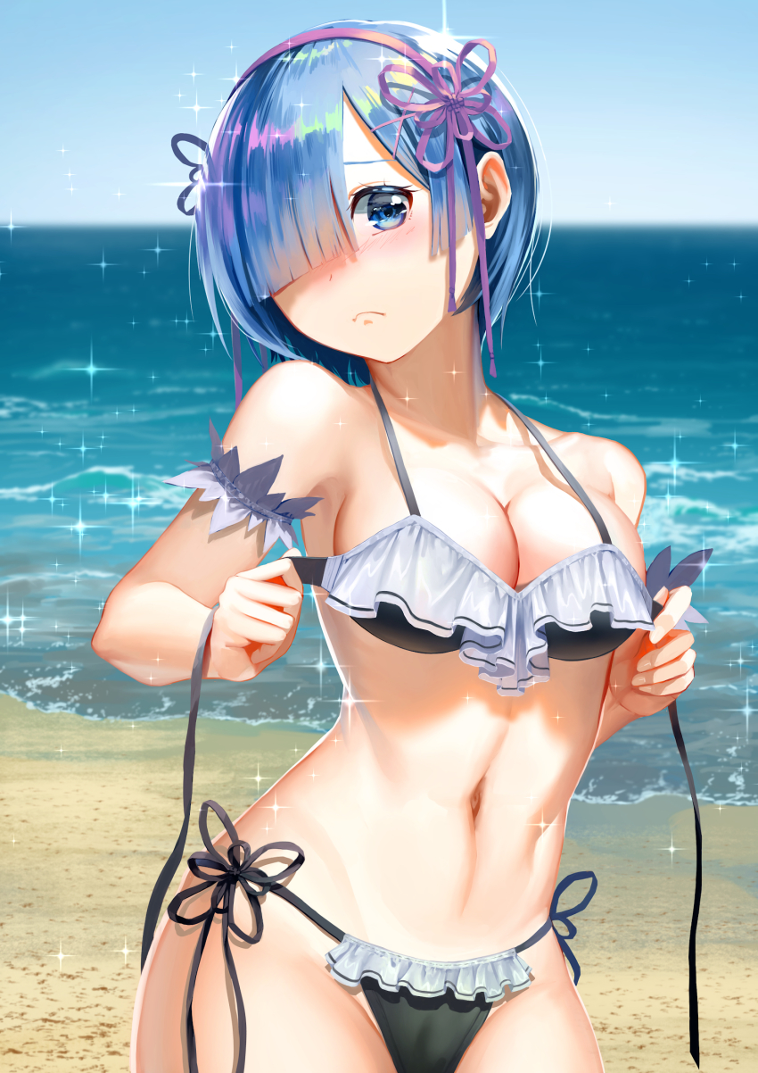 1girl bare_arms bare_shoulders beach bikini blue_eyes blue_hair blush breasts cleavage closed_mouth collarbone hair_over_one_eye hair_ribbon hairband highres looking_at_viewer medium_breasts ocean pale_skin re:zero_kara_hajimeru_isekai_seikatsu rem_(re:zero) ribbon shi_niao short_hair small_breasts solo stomach swimsuit