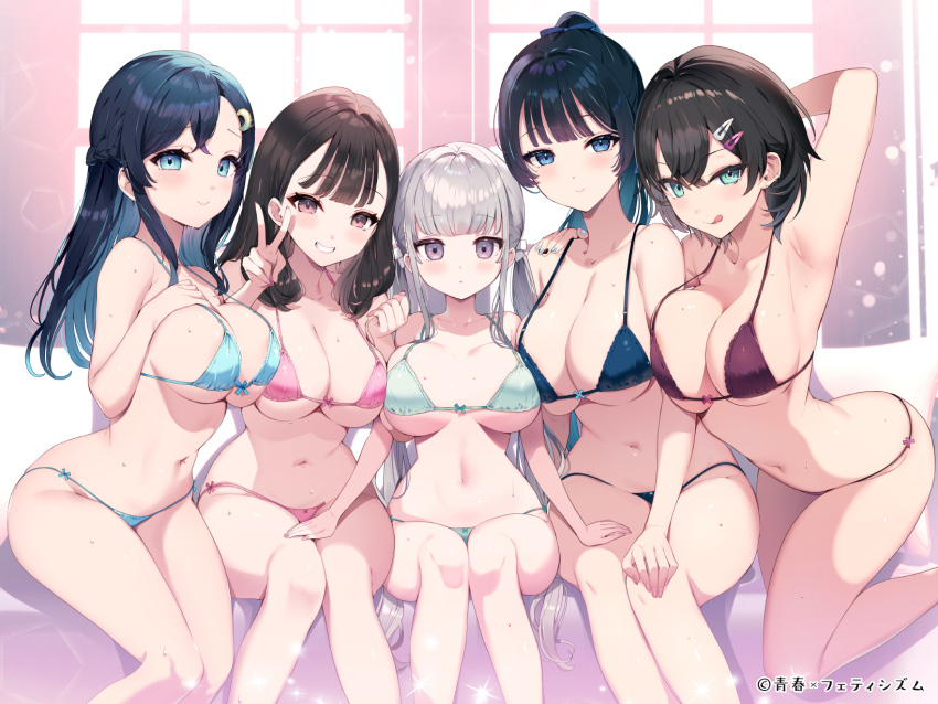 5girls :q aoharu_x_fetishism aqua_bra aqua_eyes aqua_panties arm_behind_head arm_up armpits between_breasts black_hair black_nails blue_bra blue_eyes blue_hair blue_nails blue_panties blunt_bangs blush bow bow_bra bow_panties bowtie bra breast_press breasts brown_eyes brown_hair copyright_name couch crescent crescent_hair_ornament cube_hair_ornament dark_blue_hair ear_piercing expressionless fingernails grey_hair grin hair_between_eyes hair_bow hair_ornament hairclip half_updo hand_on_another&#039;s_shoulder hand_on_another&#039;s_thigh hand_on_own_chest hand_on_own_thigh head_tilt high_ponytail highres indoors kat_(bu-kunn) kneeling knees_together_feet_apart large_breasts long_hair looking_at_viewer mole mole_on_breast multicolored_nails multiple_girls navel neck_ribbon necktie on_couch open_clothes panties petite piercing pink_bra pink_panties purple_bra purple_eyes purple_panties ribbon short_hair sidelocks sitting smile strap_gap sweat take_your_pick thong tongue tongue_out twintails underwear v very_long_hair