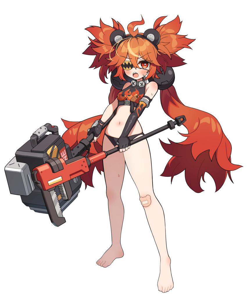 1girl absurdres animal_ears bandaid bandaid_on_knee bandaid_on_leg bare_shoulders barefoot bear_ears black_gloves black_panties blush breasts elbow_gloves eyepatch fake_animal_ears fingerless_gloves full_body gloves highres holding holding_weapon koleda_belobog long_hair looking_at_viewer mallet mearyo navel open_mouth panties red_eyes red_hair sharp_teeth simple_background small_breasts solo sweatdrop teeth twintails underwear weapon white_background wrench zenless_zone_zero