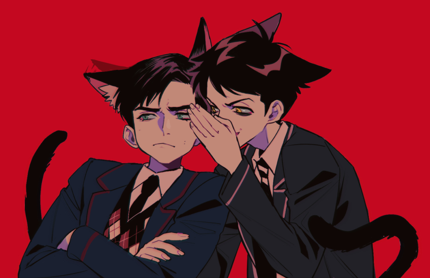 2boys animal_ears animification aqua_eyes black_hair cat_boy cat_ears cat_tail closed_mouth collared_shirt crossed_arms jacket long_sleeves multiple_boys multiple_persona number_five_(the_umbrella_academy) open_clothes open_jacket open_mouth qin_(7833198) red_background school_uniform shirt short_hair simple_background smile sweater_vest tail the_umbrella_academy whispering whispering_in_ear white_shirt yellow_eyes