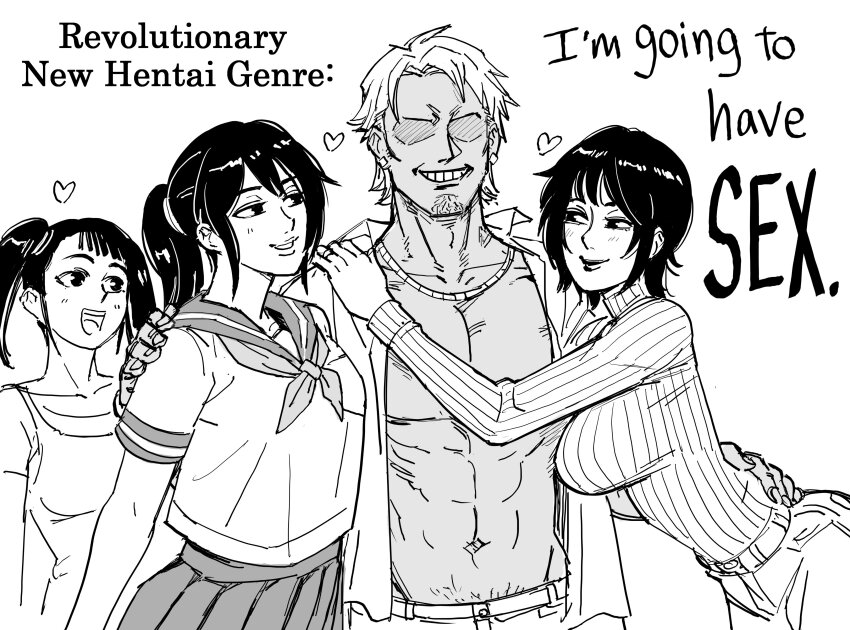 1boy 3girls :d absurdres arm_around_waist arms_around_neck bait_and_switch bb_(baalbuddy) breasts collared_shirt commentary english_commentary english_text faceless faceless_male family greyscale grin gyaruo heart highres hug large_breasts long_sleeves monochrome multiple_girls navel neckerchief open_clothes open_mouth open_shirt original pleated_skirt ponytail ribbed_sweater school_uniform serafuku shirt short_hair simple_background skirt smile speech_bubble sweater twintails white_background wing_collar