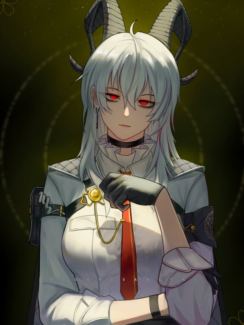 1girl arm_pouch armband artist_name black_armband black_choker black_gloves black_horns black_pouch breasts choker closed_mouth collared_shirt commentary curled_horns earrings english_commentary gloves hair_between_eyes hand_up highres horns jacket jacket_on_shoulders jewelry key_earrings long_hair looking_at_viewer medium_breasts meganesanechi multicolored_hair necktie red_eyes red_necktie shirt sleeves_rolled_up solo streaked_hair white_hair white_shirt wuthering_waves zani_(wuthering_waves)