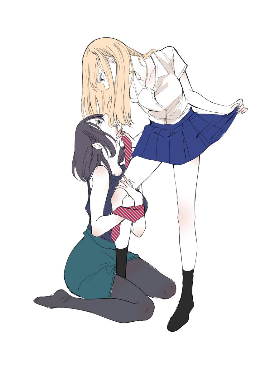 2girls akagayohi aqua_shirt bare_arms between_thighs black_pantyhose black_shirt black_socks blonde_hair blue_skirt brown_hair collared_shirt commentary_request eye_contact green_eyes highres kneeling long_hair looking_at_another medium_hair multiple_girls necktie open_collar original pantyhose pleated_skirt red_eyes red_necktie school_uniform shirt short_sleeves simple_background skirt sleeveless sleeveless_shirt socks striped_necktie white_background white_shirt yuri