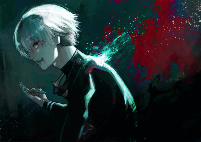 1boy abstract_background absurdres aqua_tongue cracking_knuckles grey_eyes hair_between_eyes heterochromia highres kaneki_ken looking_at_viewer male_focus mask mask_around_neck unworn_mask open_mouth red_eyes smile solo tokishima_sikuka tokyo_ghoul tongue white_hair