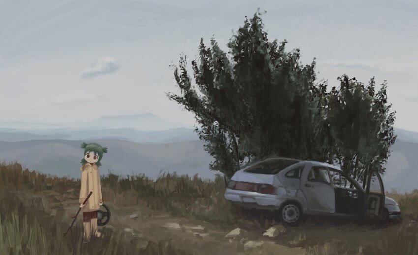 1girl boots brown_eyes car cloud cloudy_sky commentary english_commentary grass green_hair highres holding holding_steering_wheel holding_stick kayawva koiwai_yotsuba long_sleeves motor_vehicle outdoors quad_tails raincoat rubber_boots sky solo steering_wheel stick tree yotsubato!