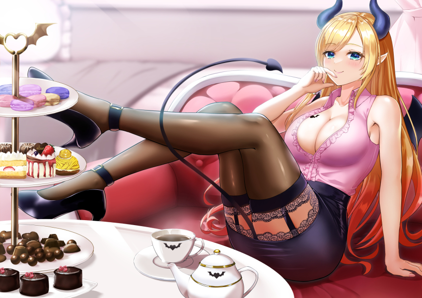 1girl arm_support bat_tattoo black_footwear black_horns black_skirt blonde_hair blue_eyes breast_tattoo breasts brown_thighhighs cake center_frills chocolate cleavage couch cup curtains demon_girl demon_horns demon_tail demon_wings food frilled_shirt frills garter_belt gradient_hair high_heels highres hololive horns indoors lace lace-trimmed_skirt lace-trimmed_thighhighs lace_trim large_breasts lava_cake legs legs_up long_hair looking_at_viewer macaron miniskirt multicolored_hair pencil_skirt pink_shirt plunging_neckline pointy_ears pumps red_hair saucer shirt single_sidelock sitting skirt solo strawberry_shortcake suzuki_(white-world) swept_bangs table tail tattoo teacup teapot thighhighs tiered_tray very_long_hair virtual_youtuber winged_heart winged_heart_tattoo wings yuzuki_choco yuzuki_choco_(1st_costume) zettai_ryouiki