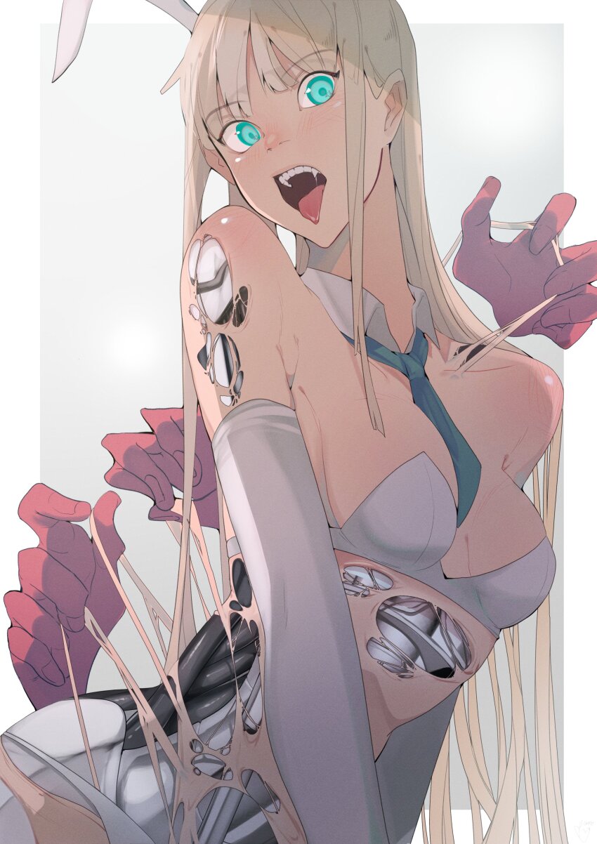 1girl absurdres aqua_eyes bra breasts detached_collar disembodied_hand ecomoesty elbow_gloves fangs gloves highres looking_at_viewer mechabare medium_breasts necktie nontraditional_playboy_bunny open_mouth original panties saliva strapless strapless_bra teeth tongue tongue_out torn_skin underwear white_bra white_gloves white_panties