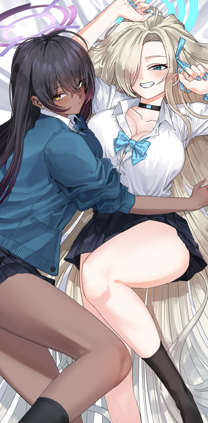 2girls absurdres asuna_(blue_archive) black_hair black_socks blue_archive blue_nails blue_ribbon blush breasts cardigan choker cleavage dark-skinned_female dark_skin earrings grin hair_over_one_eye hair_ribbon halo highres jewelry karin_(blue_archive) kneehighs large_breasts long_hair looking_at_viewer lying mikelee0614 mole mole_on_breast multiple_girls neck_ribbon on_back pleated_skirt ribbon skirt smile socks very_long_hair yellow_eyes