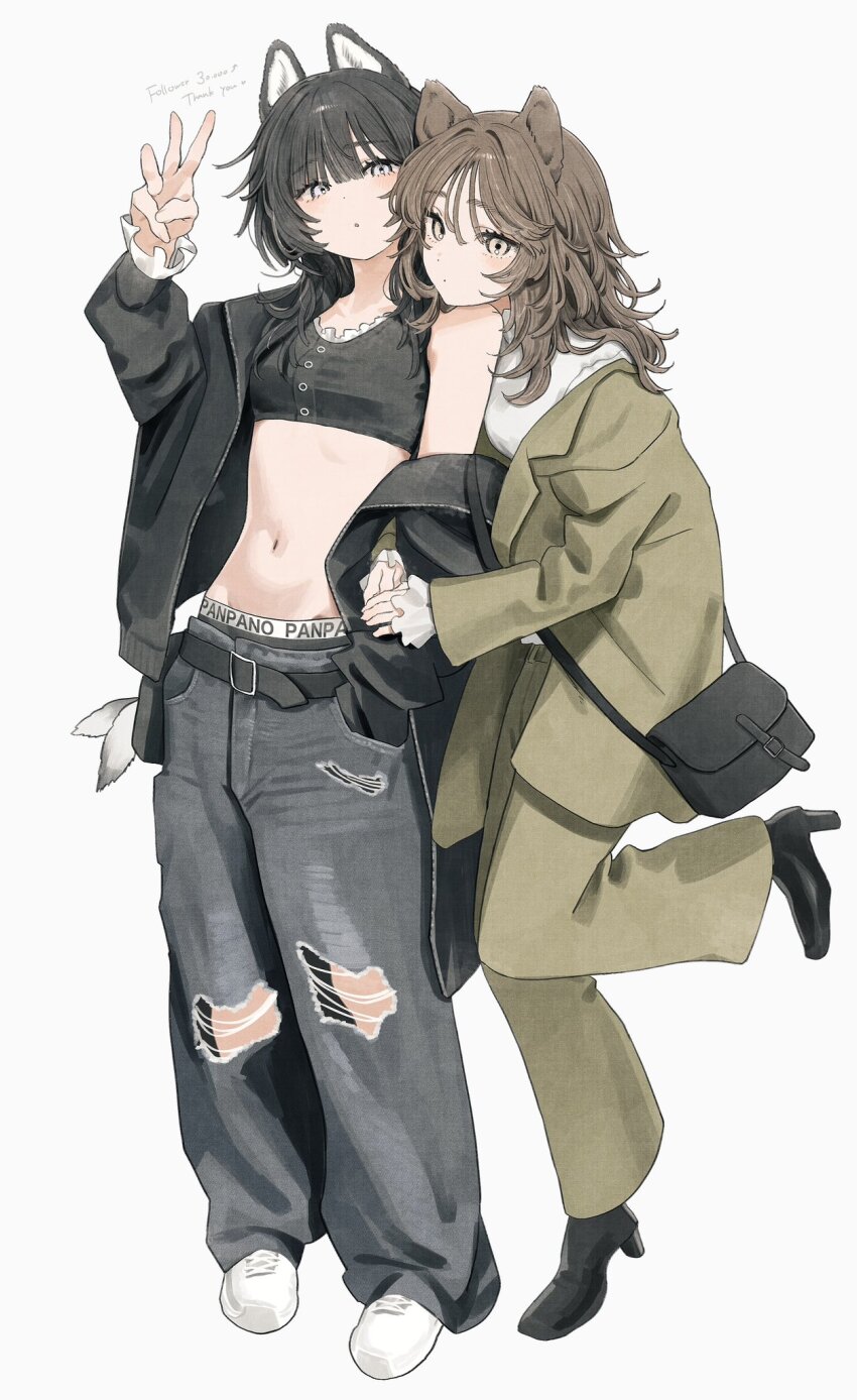 2girls animal_ears belt black_hair blush brown_hair crop_top denim frilled_sleeves frills full_body green_jacket green_pants highres jacket jeans long_hair loose_pants midriff multiple_girls navel open_clothes open_jacket original pants simple_background takaya_riku torn_clothes torn_jeans torn_pants white_background