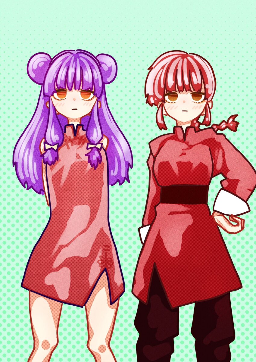 2girls arms_behind_back black_pants braid china_dress chinese_clothes double_bun dress expressionless green_background hair_bun hand_on_own_hip highres long_hair looking_at_viewer multiple_girls pants polka_dot polka_dot_background ranma-chan ranma_1/2 red_dress red_eyes sash shampoo_(ranma_1/2) ship_o_man1015 sidelocks