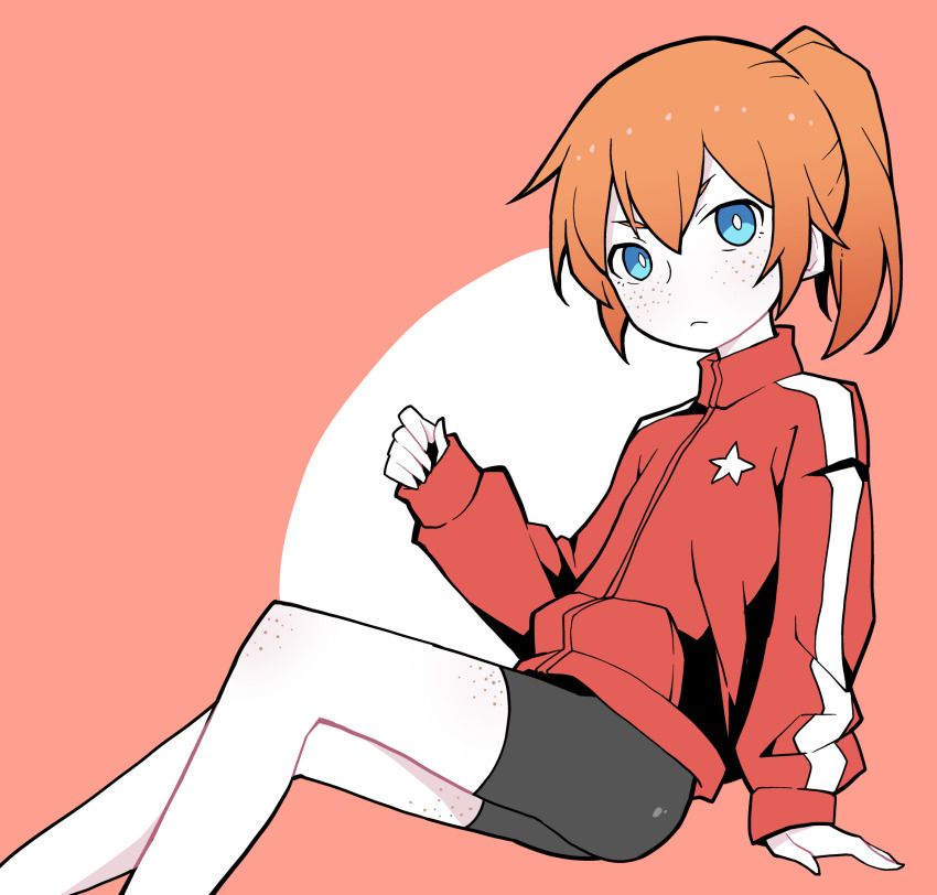 1girl akableak arm_support bike_shorts blue_eyes body_freckles charlotte_(akableak) double-parted_bangs feet_out_of_frame freckles from_side hair_between_eyes highres jacket looking_at_viewer medium_hair orange_hair original ponytail pout reclining red_background red_jacket sidelocks simple_background sitting solo white_background