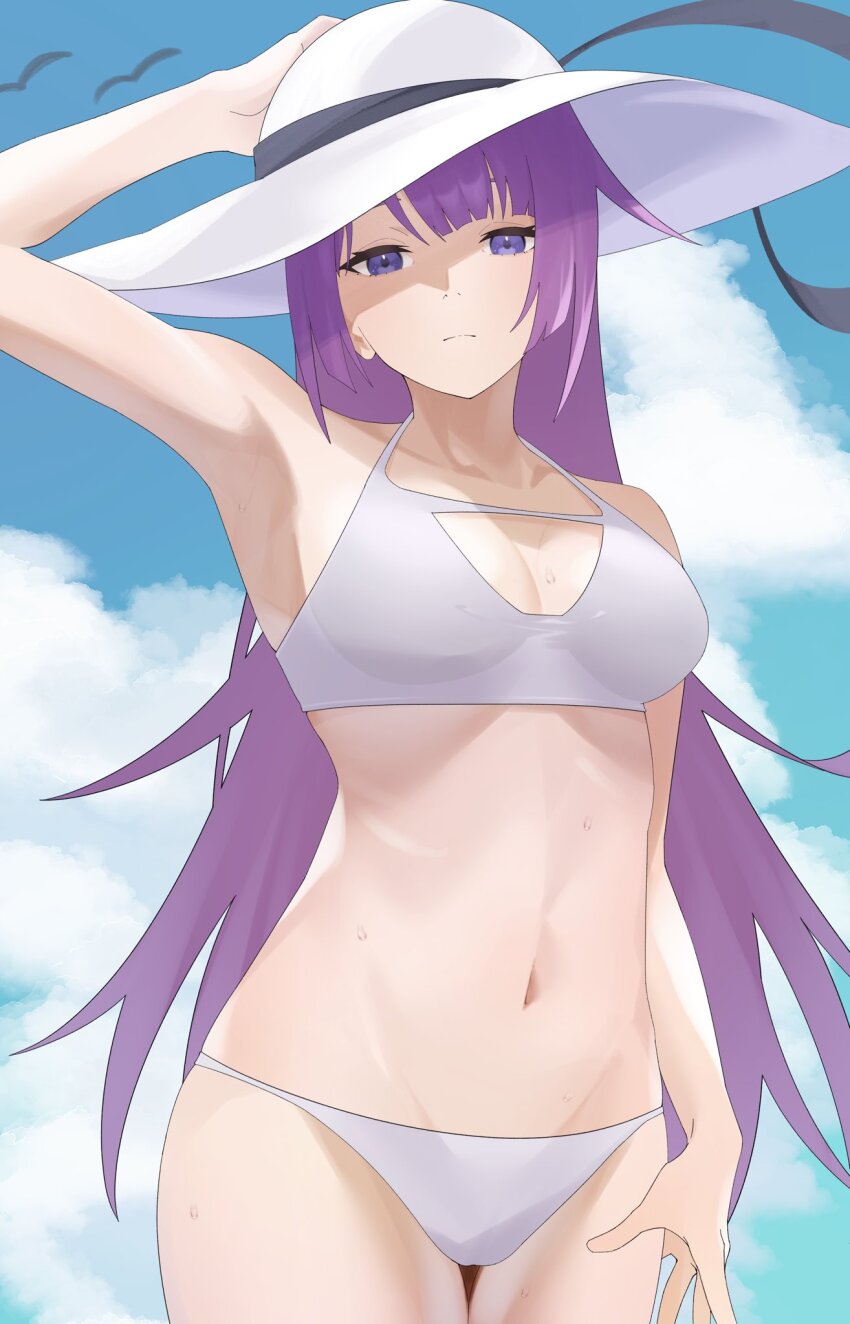 1girl alternate_costume arm_up armpits arril100 bikini black_ribbon blue_sky blush breasts closed_mouth cloud cloudy_sky collarbone cowboy_shot day hat hat_ribbon highres long_hair medium_breasts monogatari_(series) navel outdoors purple_eyes purple_hair ribbon senjougahara_hitagi shadow sky solo stomach sun_hat swimsuit very_long_hair wet white_bikini