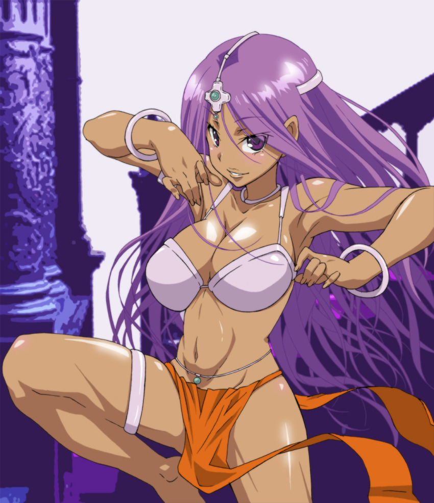 1girl barefoot bikini bikini_top_only bracelet breasts choker chunsoft cleavage dark-skinned_female dark_skin dragon_quest dragon_quest_iv enix female_focus highres jewelry large_breasts leg_up legs loincloth long_hair manya_(dq4) navel pelvic_curtain purple_eyes purple_hair solo swimsuit thighs toned toned_female yuukami_(wittsu)