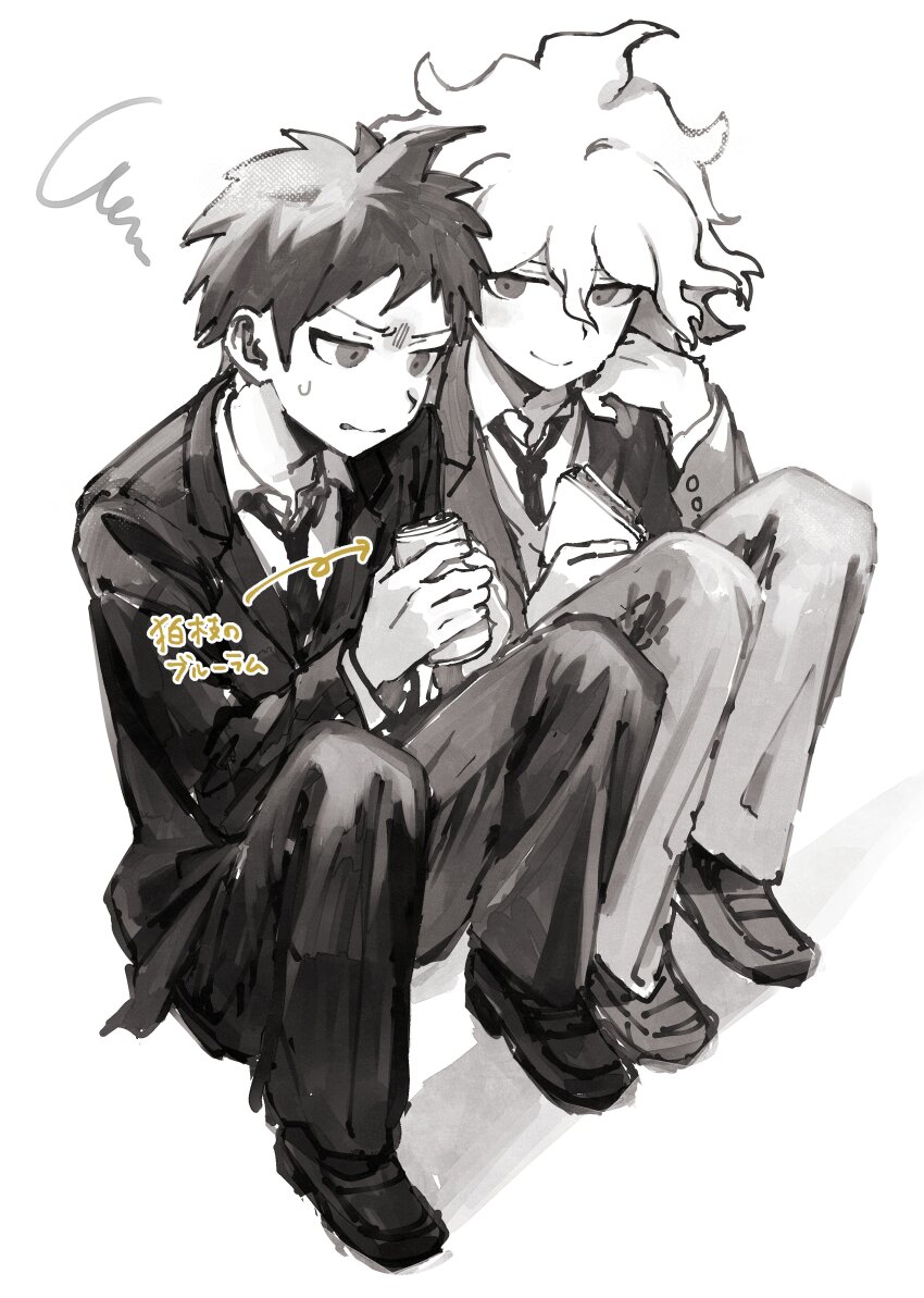 2boys absurdres ahoge arrow_(symbol) can collared_shirt danganronpa_(series) danganronpa_2:_goodbye_despair greyscale hair_between_eyes highres hinata_hajime holding holding_can jacket komaeda_nagito long_sleeves male_focus messy_hair monochrome multiple_boys necktie pants r9rpd shirt shoes simple_background sitting smile spiked_hair squiggle sweat translation_request