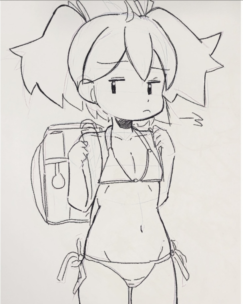 1girl backpack bag bikini breasts cleavage half-closed_eyes highres legs medium_hair monochrome navel saru_getchu sayaka_(saru_getchu) side-tie_bikini_bottom sketch small_breasts solo sony swimsuit thighs traditional_media twintails