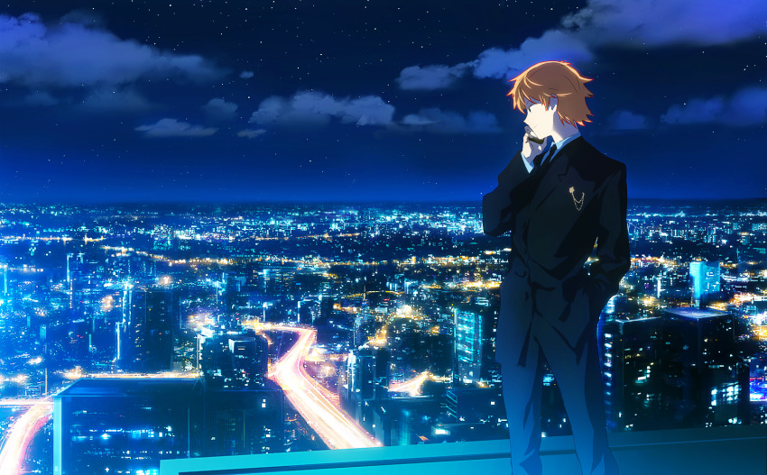 1boy blonde_hair city_lights cityscape formal_clothes highres holding holding_phone hunter_x_hunter looking_down luclu03 male_focus night night_sky outdoors pariston_hill phone sky smile solo suit talking_on_phone