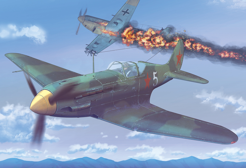 1boy aircraft airplane battle bf_109 cloud commentary_request cross damaged earasensha fire iron_cross male_focus mig-3 military mountain original propeller red_star russian_text sky star_(symbol) vehicle_focus world_war_ii