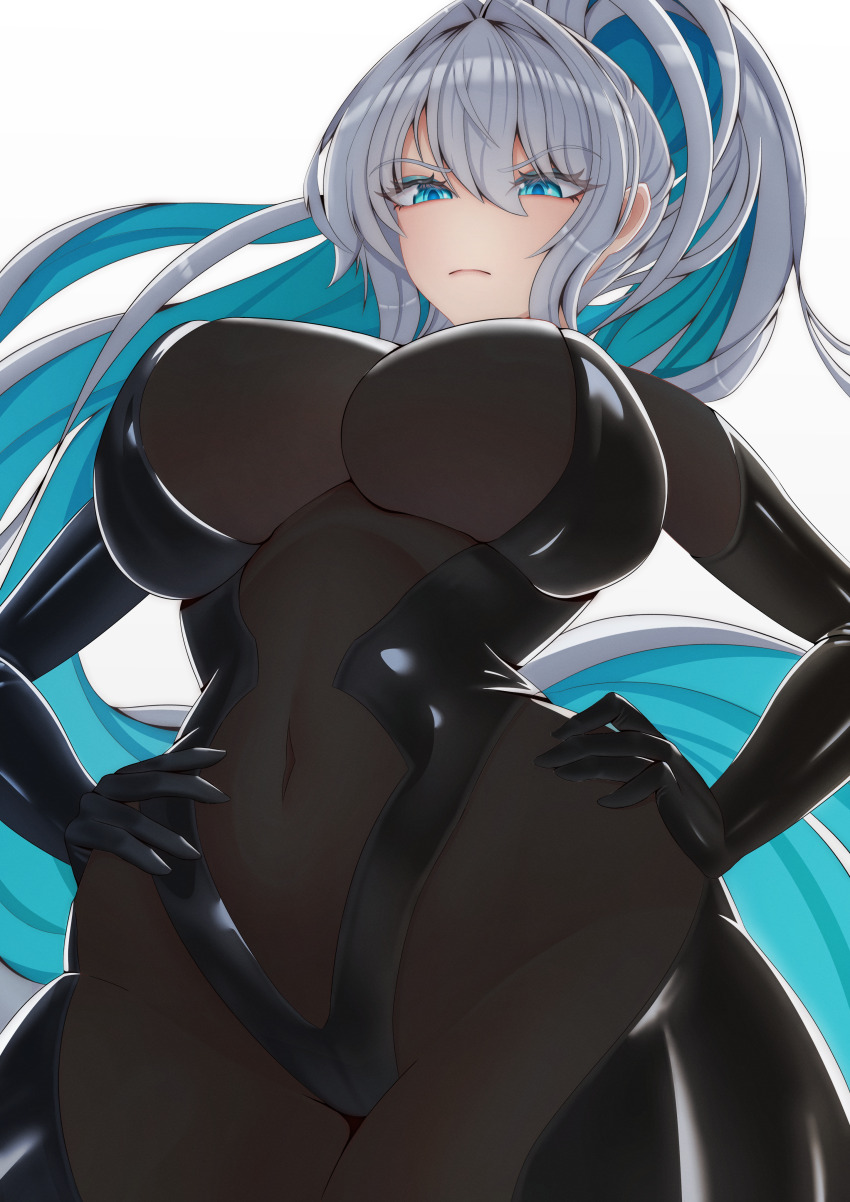 1girl absurdres aqua_eyes aqua_hair black_ark_ranger_(nikke) black_bodysuit black_leotard bodysuit breasts cleavage closed_mouth commentary covered_navel cowboy_shot elbow_gloves english_commentary from_below gloves goddess_of_victory:_nikke hair_between_eyes hair_intakes hands_on_own_hips highres large_breasts leotard long_hair looking_at_viewer moredread see-through_clothes see-through_cleavage sidelocks simple_background skin_tight solo standing very_long_hair white_background white_hair