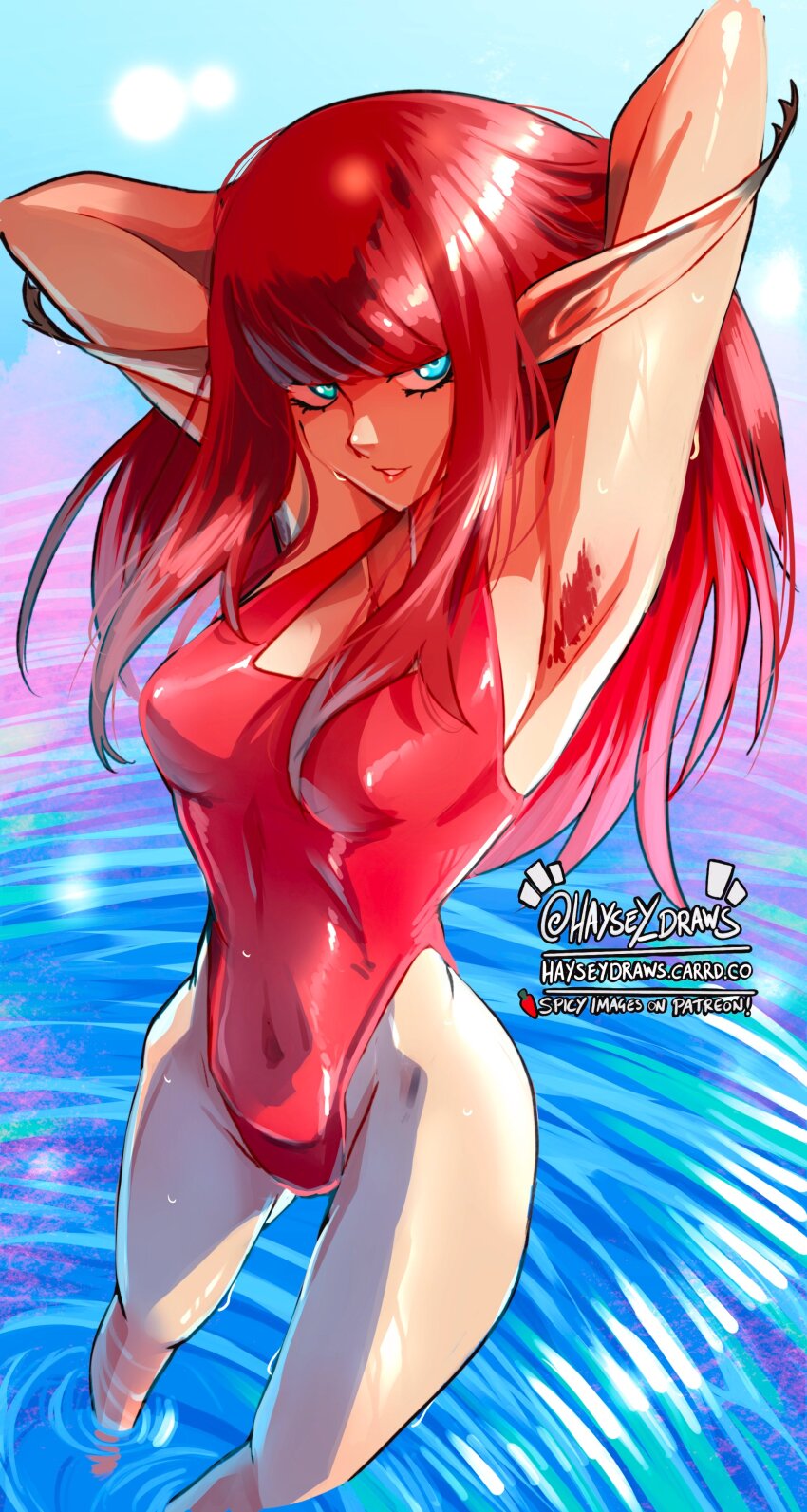 1girl absurdres armpits blue_eyes blunt_bangs breasts elf haysey highres hime_cut hulkenberg_(metaphor:_refantazio) long_hair looking_at_viewer metaphor:_refantazio pointy_ears red_hair solo swimsuit water