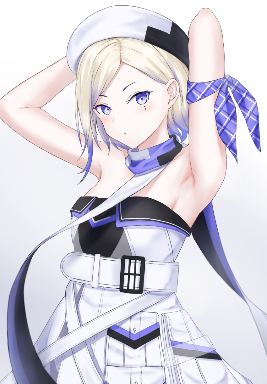 1girl armpits belt beret blonde_hair blue_eyes blue_hair blush dress gradient_background gradient_hair hat highres jean_bart_(kancolle) kantai_collection mole mole_under_eye monoku multicolored_hair parted_lips short_hair simple_background solo strapless strapless_dress upper_body white_background white_belt white_dress white_hat