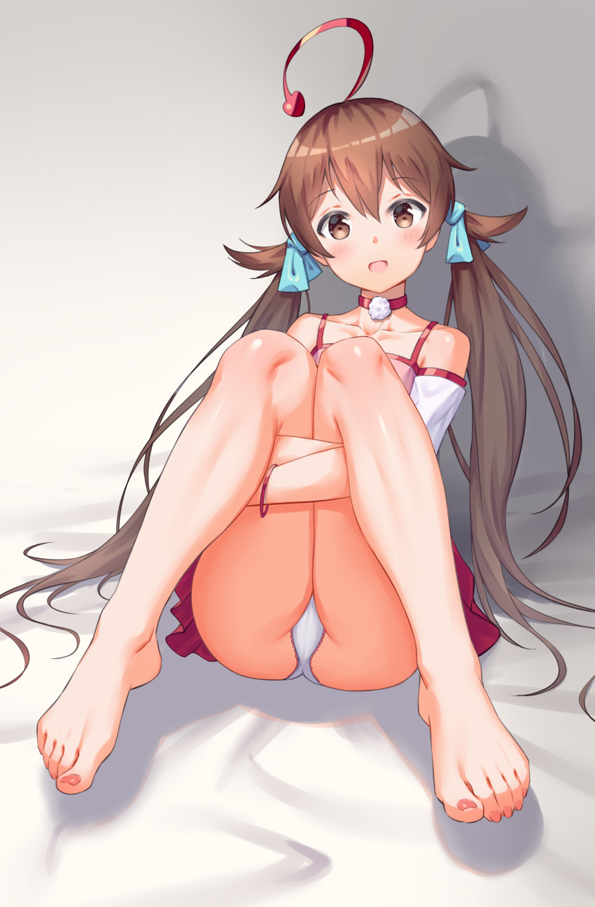 1girl absurdres barefoot blush bracelet brown_eyes brown_hair feet hair_ribbon highres jewelry long_hair looking_at_viewer open_mouth panties pantyshot ribbon shinka_musume shinka_musume_channel toes twintails underwear virtual_youtuber xiaoxi0619