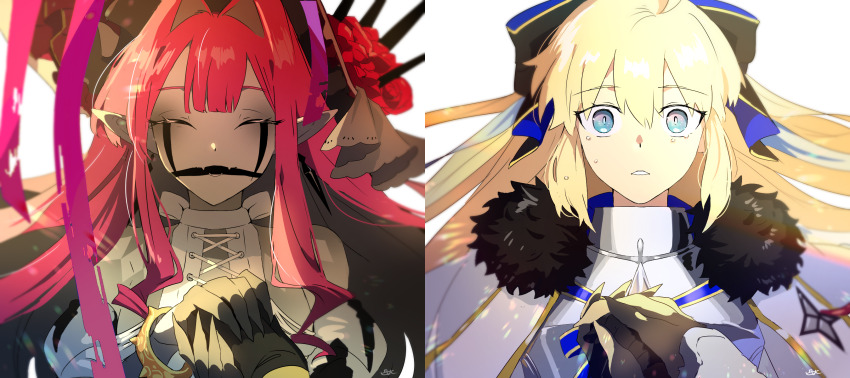 2girls aesc_(fate) aesc_(savior)_(fate) armor armored_dress baobhan_sith_(fate) baobhan_sith_(third_ascension)_(fate) bare_shoulders blonde_hair blue_eyes bracelet closed_eyes detached_sleeves dress earrings facial_mark fate/grand_order fate_(series) flower frilled_hat frills fur_trim gag hair_ribbon hat hat_flower highres holding_hands jewelry long_hair mother_and_daughter multiple_girls pirohi_(pirohi214) pointy_ears ribbon sidelocks smile spiked_bracelet spikes tearing_up upper_body white_background white_dress