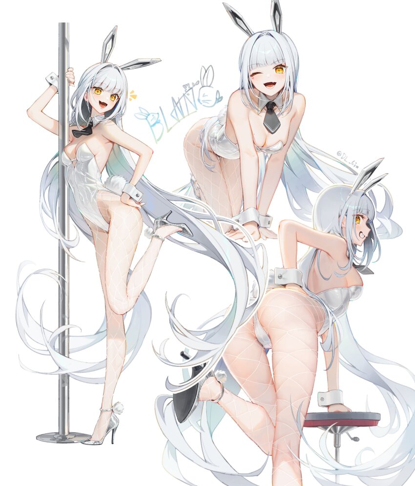 1girl absurdres animal_ears blanc_(nikke) detached_collar dl_(dl_6ix) fake_animal_ears fake_tail fishnets goddess_of_victory:_nikke hand_on_own_hip high_heels highres leotard multiple_views necktie one_eye_closed playboy_bunny pole rabbit_ears rabbit_tail simple_background stripper_pole tail white_background wrist_cuffs yellow_eyes