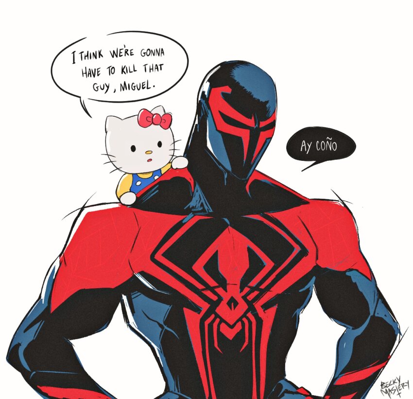 1boy 1girl animal_ears animal_nose animal_print artist_name beckymastery black_bodysuit black_eyes blue_vest bodysuit bow buttons cat_ears cat_girl commentary crossover ear_bow english_commentary english_text hands_on_own_hips hello_kitty hello_kitty_(character) highres i_think_we&#039;re_gonna_have_to_kill_this_guy_steven_(meme) long_sleeves looking_at_another marvel meme miguel_o&#039;hara muscular muscular_male open_mouth pink_bow red_bodysuit sanrio shirt simple_background speech_bubble spider-man:_across_the_spider-verse spider-man_(2099) spider-man_(series) spider-verse spider_print standing two-tone_bodysuit vest white_background white_fur yellow_shirt