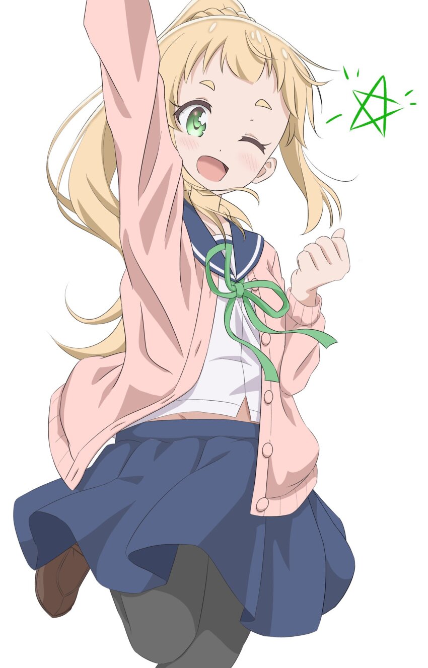 1girl black_pantyhose blonde_hair blush collarbone dot_nose female_focus green_eyes highres inose_mai koisuru_asteroid long_hair long_sleeves one_eye_closed open_mouth open_sweater pantyhose pink_sweater ponytail qb_(qb46311027) school_uniform serafuku shoes simple_background solo standing standing_on_one_leg star_(symbol) sweater white_background