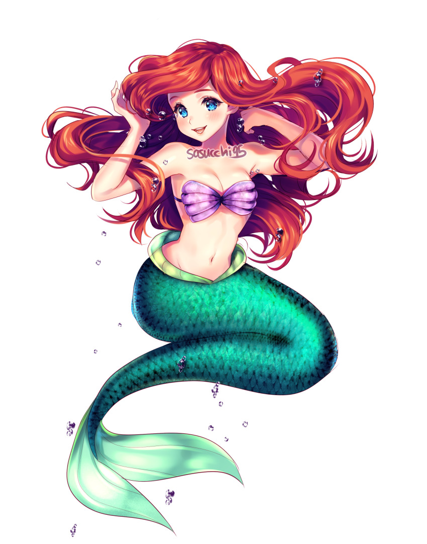 1girl absurdres air_bubble ariel_(disney) arm_up bare_arms bare_shoulders bikini blue_eyes blush breasts bubble cleavage commentary disney english_commentary fingernails full_body hand_up highres long_hair looking_at_viewer mermaid monster_girl navel open_mouth purple_bikini red_hair sasucchi95 shell shell_bikini simple_background smile solo swimsuit teeth the_little_mermaid tongue transparent_background