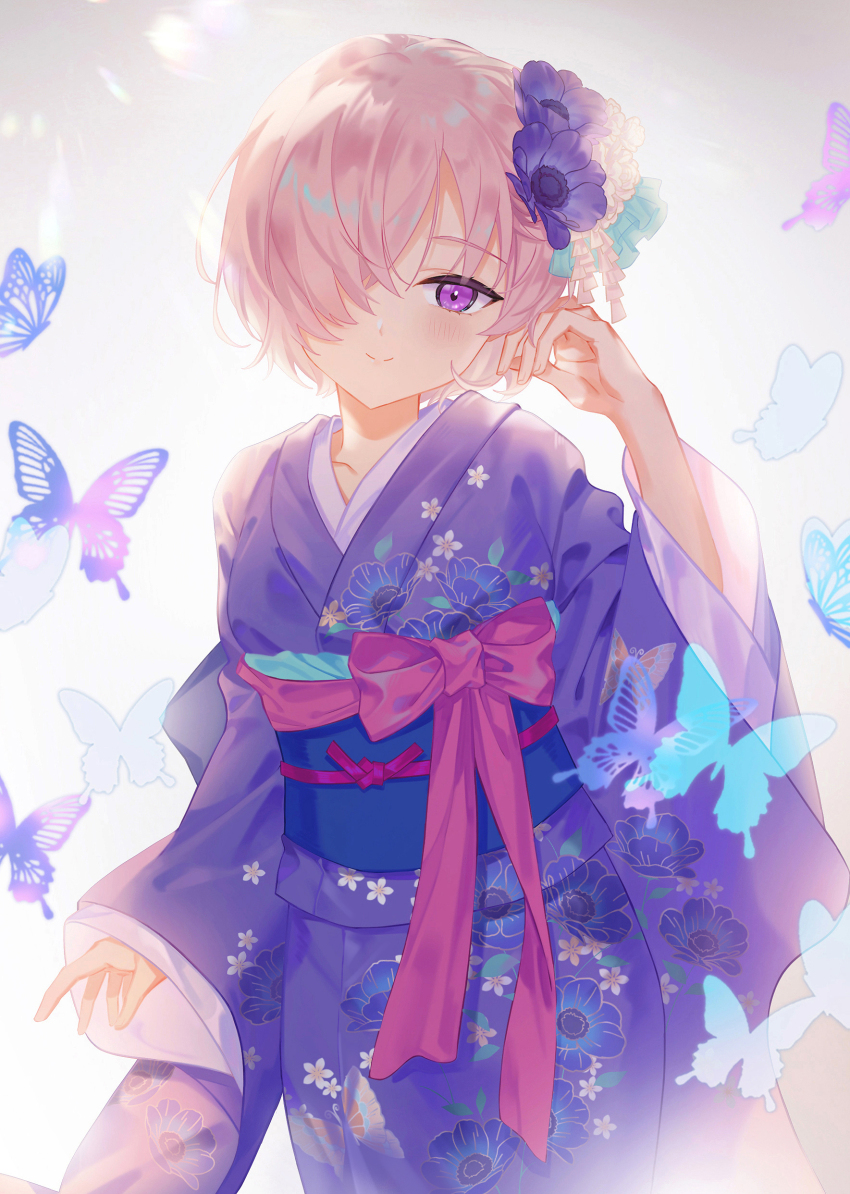 1girl absurdres alternate_costume blue_butterfly blush bow bug butterfly closed_mouth collarbone commentary cowboy_shot fate/grand_order fate_(series) floral_print floral_print_kimono flower hair_flower hair_ornament hair_over_one_eye hand_up highres insect japanese_clothes kimono littleamber long_hair long_sleeves looking_at_viewer mash_kyrielight obi obiage obijime pink_bow pink_hair print_kimono purple_butterfly purple_eyes purple_flower purple_kimono sash short_hair smile solo white_flower wide_sleeves