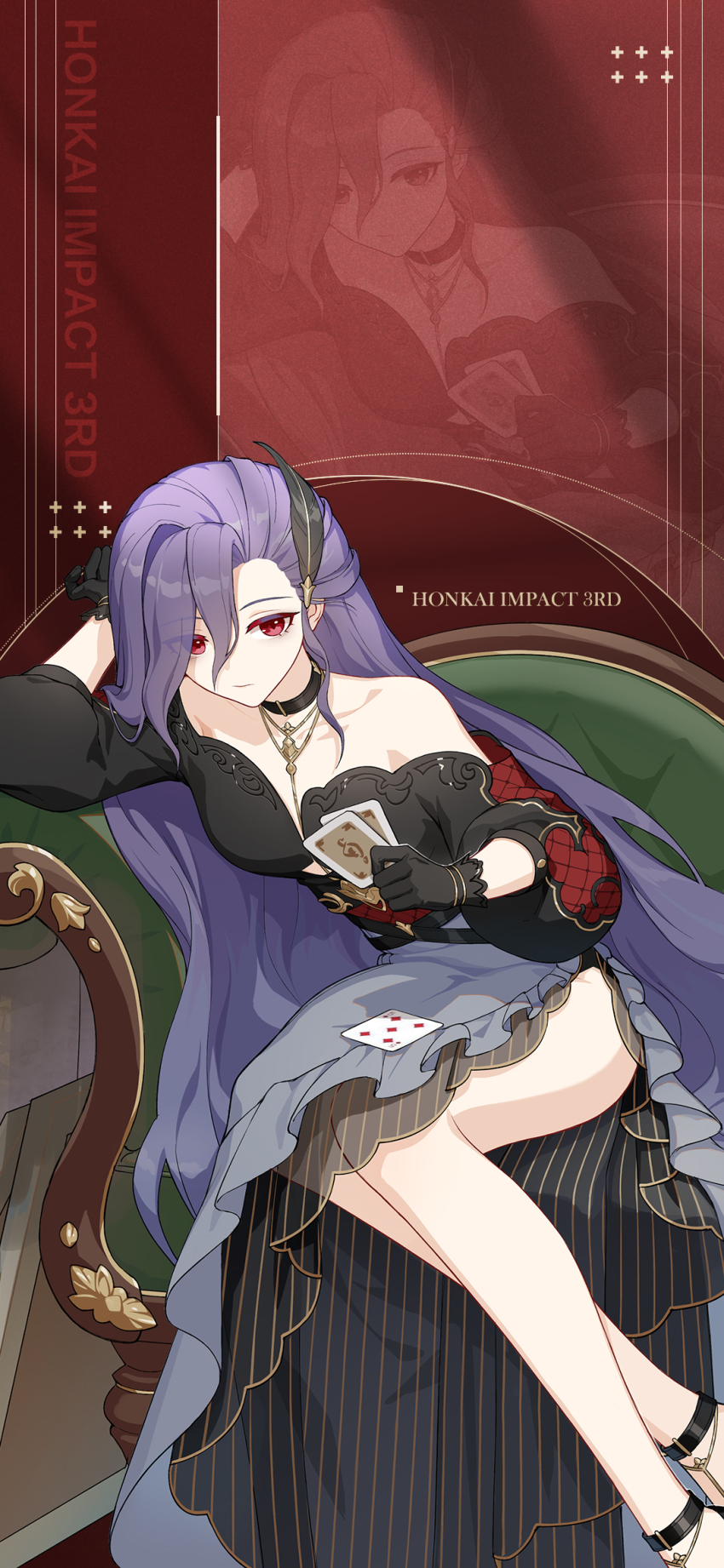 1girl bare_legs black_choker black_gloves black_shirt black_sleeves breasts card cezanne_(honkai_impact) chinese_commentary choker closed_mouth collarbone couch feather_hair_ornament feathers gloves hair_between_eyes hair_ornament highres holding holding_card honkai_(series) honkai_impact_3rd jewelry long_hair long_skirt medium_breasts necklace official_art official_wallpaper on_couch purple_hair red_eyes shirt sitting skirt solitaire solo thighs