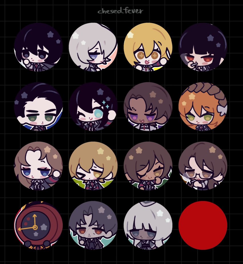 &gt;_&lt; 1other 6+boys 6+girls black_hair blonde_hair blue_eyes bob_cut bow brown_eyes brown_hair brown_hairband charon_(project_moon) chesedfever chibi dante_(limbus_company) dark-skinned_female dark-skinned_male dark_skin don_quixote_(project_moon) faust_(project_moon) green_eyes gregor_(project_moon) hair_bow hairband heathcliff_(project_moon) highres hong_lu_(project_moon) ishmael_(project_moon) limbus_company long_hair meursault_(project_moon) multiple_boys multiple_girls one_eye_closed open_mouth orange_hair outis_(project_moon) project_moon red_eyes rodion_(project_moon) rope ryoshu_(project_moon) sidelocks sinclair_(project_moon) smile upper_body vergilius_(project_moon) very_long_hair white_bow white_hair yellow_eyes yi_sang_(project_moon)