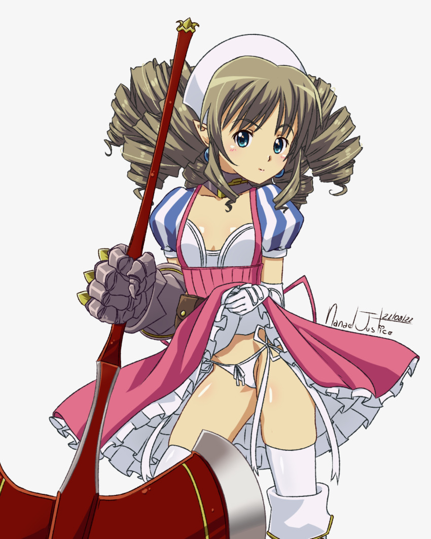 1girl armor artist_name axe blue_eyes boots brown_hair closed_mouth dated dress drill_hair dwarf earrings elbow_gloves flat_chest frills gauntlets gloves highres jewelry nanaeljustice panties pointy_ears queen&#039;s_blade string_panties thighs underwear white_background white_panties ymir_(queen&#039;s_blade)