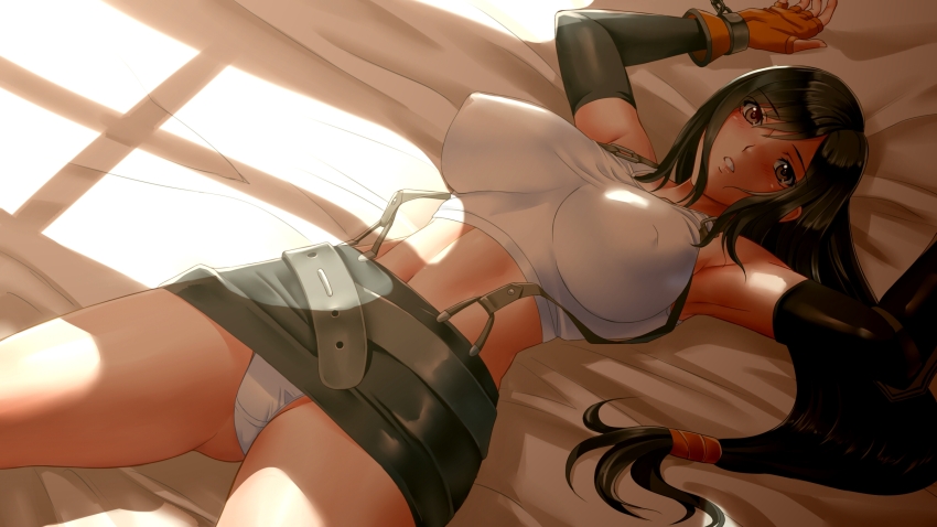 1girl arm_up armpits belt black_gloves black_skirt blush bound bound_wrists breasts brown_eyes brown_gloves brown_hair chain commentary_request covered_erect_nipples crop_top elbow_gloves final_fantasy final_fantasy_vii fingerless_gloves gloves highres large_breasts long_hair looking_at_viewer low-tied_long_hair lying midriff miniskirt navel on_back panties parted_lips revision skirt solo suspenders switch01 tifa_lockhart underwear white_panties