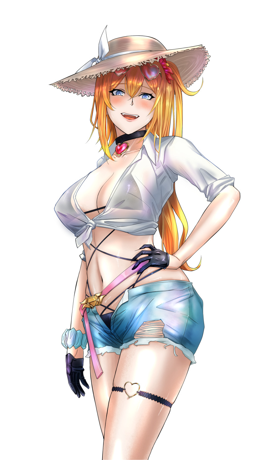 1girl absurdres bikini black_bikini girls&#039;_frontline hand_on_own_hip hat highres kalina_(girls&#039;_frontline) kepra_iii see-through_clothes see-through_shirt shirt solo swimsuit white_background