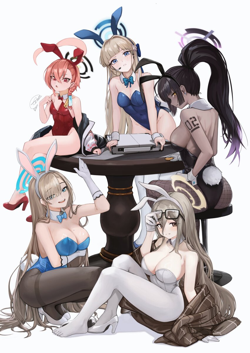 5girls absurdres akane_(blue_archive) akane_(bunny)_(blue_archive) animal_ear_hairband animal_ears anizi arm_under_breasts artist_name asuna_(blue_archive) asuna_(bunny)_(blue_archive) backless_leotard bar_stool bare_shoulders black_hair black_hairband black_halo black_leotard blonde_hair blue_archive blue_bow blue_bowtie blue_eyes blue_hairband blue_halo blue_leotard blush bow bowtie braid breasts briefcase brown_eyes brown_pantyhose cleaning_&amp;_clearing_(blue_archive) cleavage closed_mouth clothes_down coin covered_navel dark-skinned_female dark_skin detached_collar ear_piercing eyewear_lift fake_animal_ears fake_tail fishnet_pantyhose fishnets glasses gloves gradient_hair hair_over_one_eye hairband halo hand_up headset high_heels highleg highleg_leotard highres jacket karin_(blue_archive) karin_(bunny)_(blue_archive) large_breasts leaning_forward leotard long_hair looking_at_viewer looking_to_the_side medium_breasts mole mole_on_breast multicolored_hair multiple_girls neru_(blue_archive) neru_(bunny)_(blue_archive) number_tattoo official_alternate_costume on_floor on_stool on_table open_clothes open_jacket open_mouth orange_hair pantyhose parted_lips piercing playboy_bunny ponytail profile purple_hair purple_halo rabbit_ears rabbit_tail red_bow red_bowtie red_eyes red_footwear red_hairband red_leotard round_table shoes shoulder_tattoo side_braid simple_background single_braid single_shoe sitting small_breasts smile squatting standing stool strapless strapless_leotard table tail tattoo teeth toki_(blue_archive) toki_(bunny)_(blue_archive) traditional_bowtie unworn_shoes upper_teeth_only very_long_hair white_background white_footwear white_gloves white_hairband white_leotard white_pantyhose wooden_table wrist_cuffs yellow_eyes yellow_halo