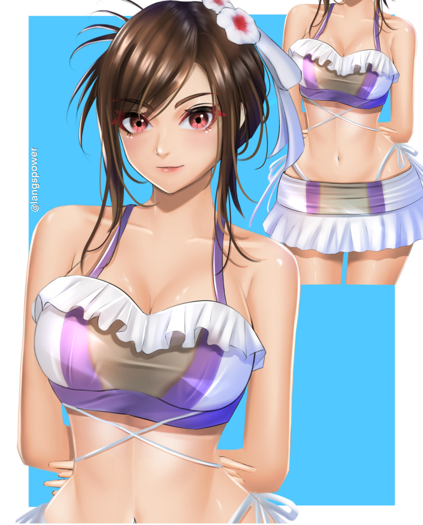 1girl absurdres arms_behind_back bikini bikini_skirt black_hair breasts cleavage cropped_legs final_fantasy final_fantasy_vii final_fantasy_vii_rebirth final_fantasy_vii_remake flower frilled_bikini frilled_bikini_top frills hair_flower hair_ornament head_out_of_frame highres langspower large_breasts microskirt navel official_alternate_costume official_alternate_hairstyle skirt smile stomach swimsuit thong_bikini tifa_lockhart tifa_lockhart_(shining_spirit) white_bikini