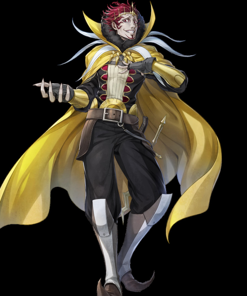 1boy argon_(exys) beard belt boots cape facial_hair fingerless_gloves fire_emblem fire_emblem_awakening fire_emblem_heroes full_body gangrel_(fire_emblem) gloves highres male_focus nintendo official_art red_eyes red_hair solo sword teeth tiara transparent_background weapon