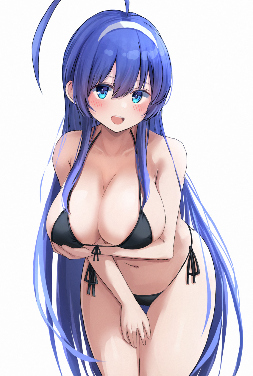 1girl :d ahoge arm_under_breasts bare_arms bare_shoulders bikini black_bikini blue_eyes blue_hair blush breasts cleavage cowboy_shot front-tie_bikini_top front-tie_top hair_between_eyes hairband highres huge_ahoge large_breasts leaning_forward legs_together long_hair looking_at_viewer navel open_mouth orie_ballardiae_harada side-tie_bikini_bottom simple_background smile solo standing straight_hair string_bikini swimsuit tabii teeth under_night_in-birth upper_teeth_only very_long_hair white_background white_hairband