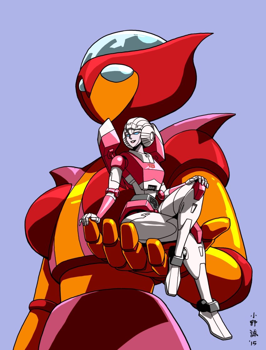 1girl aphrodai_a arcee autobot blue_eyes crossover highres in_palm makoto_ono mazinger_(series) mazinger_z mecha parted_lips purple_background robot science_fiction sitting smile transformers