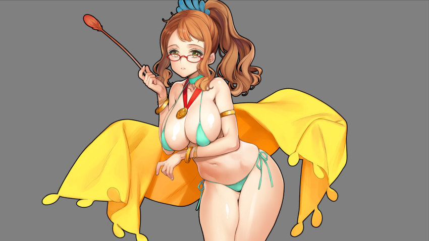 1girl aristotle_(eiyuu_senki) armlet bikini blue_choker bracelet breast_hold breasts brown_eyes brown_hair choker commentary_request cowboy_shot eiyuu_senki_ww eyeliner glasses green_bikini green_eyes grey_background hair_ornament halterneck highres holding jewelry large_breasts leaning_forward looking_at_viewer makeup medal medium_hair navel ooyari_ashito parted_lips ponytail red-framed_eyewear sidelocks simple_background skindentation solo standing string_bikini swept_bangs swimsuit