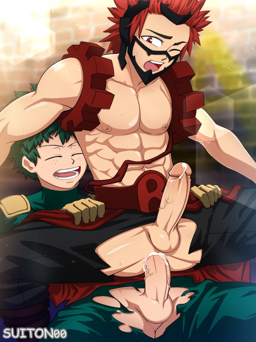 2boys abs anal boku_no_hero_academia closed_eyes cum cum_in_ass green_hair highres kirishima_eijirou male_penetrated midoriya_izuku multiple_boys one_eye_closed open_mouth penis red_hair suiton yaoi